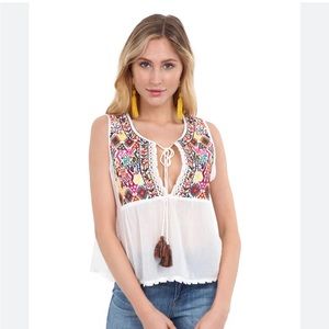 Free People Lohri Embroidered Tassel Top in Ivory size Large